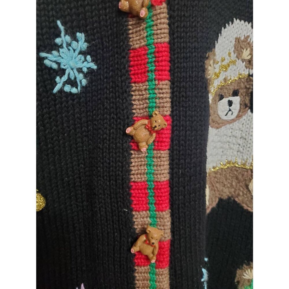 Storybook Knits Vintage Christmas Teddy Bears Ugly Cardigan V Neck Sweater - Picture 3 of 14